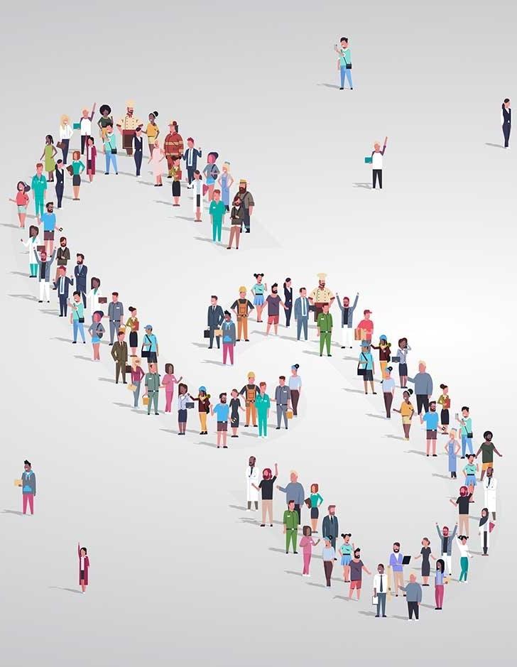 illustration of a crowd of diverse people in the shape of two connected links